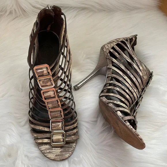 Tory Burch gladiator snake print caged heeled sandals EUC size 9 - Picture 1 of 11